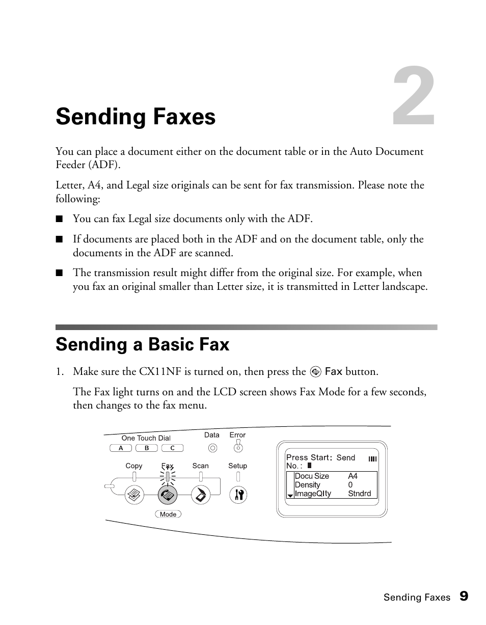 Sending faxes, Sending a basic fax | Epson AcuLaser CX11NF User Manual | Page 9 / 64