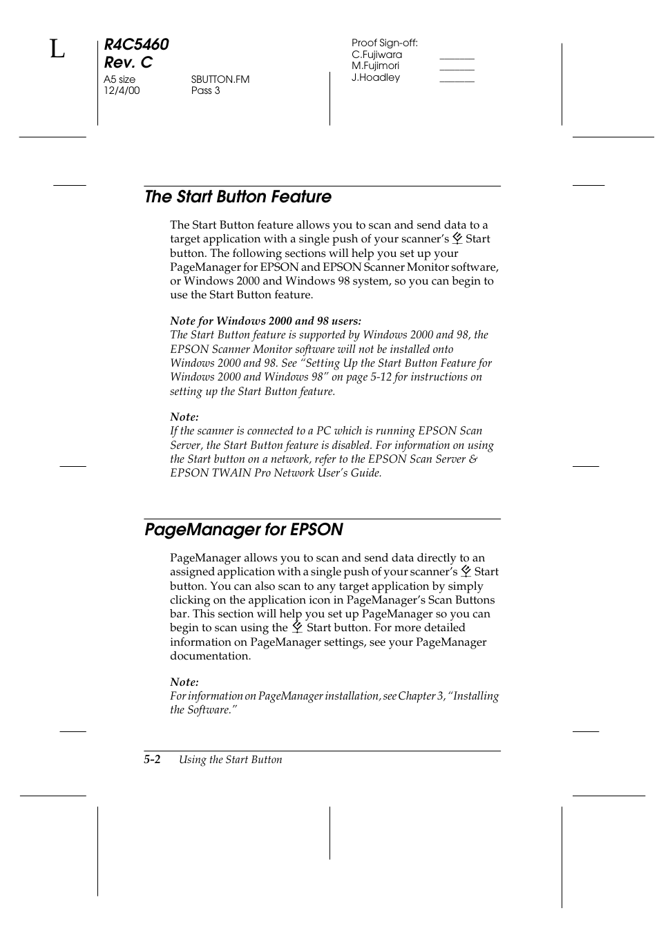 The start button feature, The start button feature -2, Pagemanager for epson | Epson 1640XL User Manual | Page 102 / 167