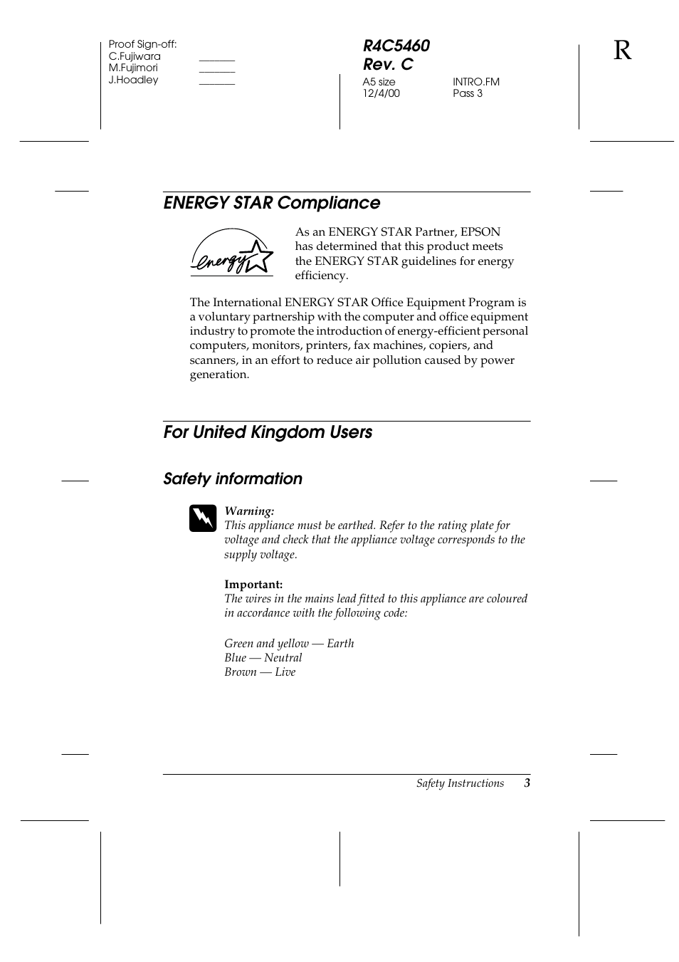 Energy star compliance, For united kingdom users, Safety information | Energy star compliance for united kingdom users | Epson 1640XL User Manual | Page 11 / 167