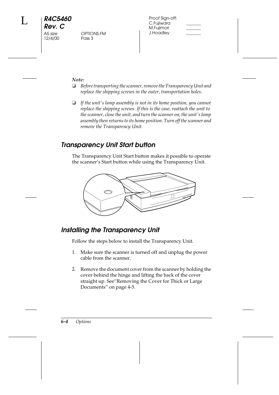 Transparency unit start button, Installing the transparency unit | Epson 1640XL User Manual | Page 120 / 167