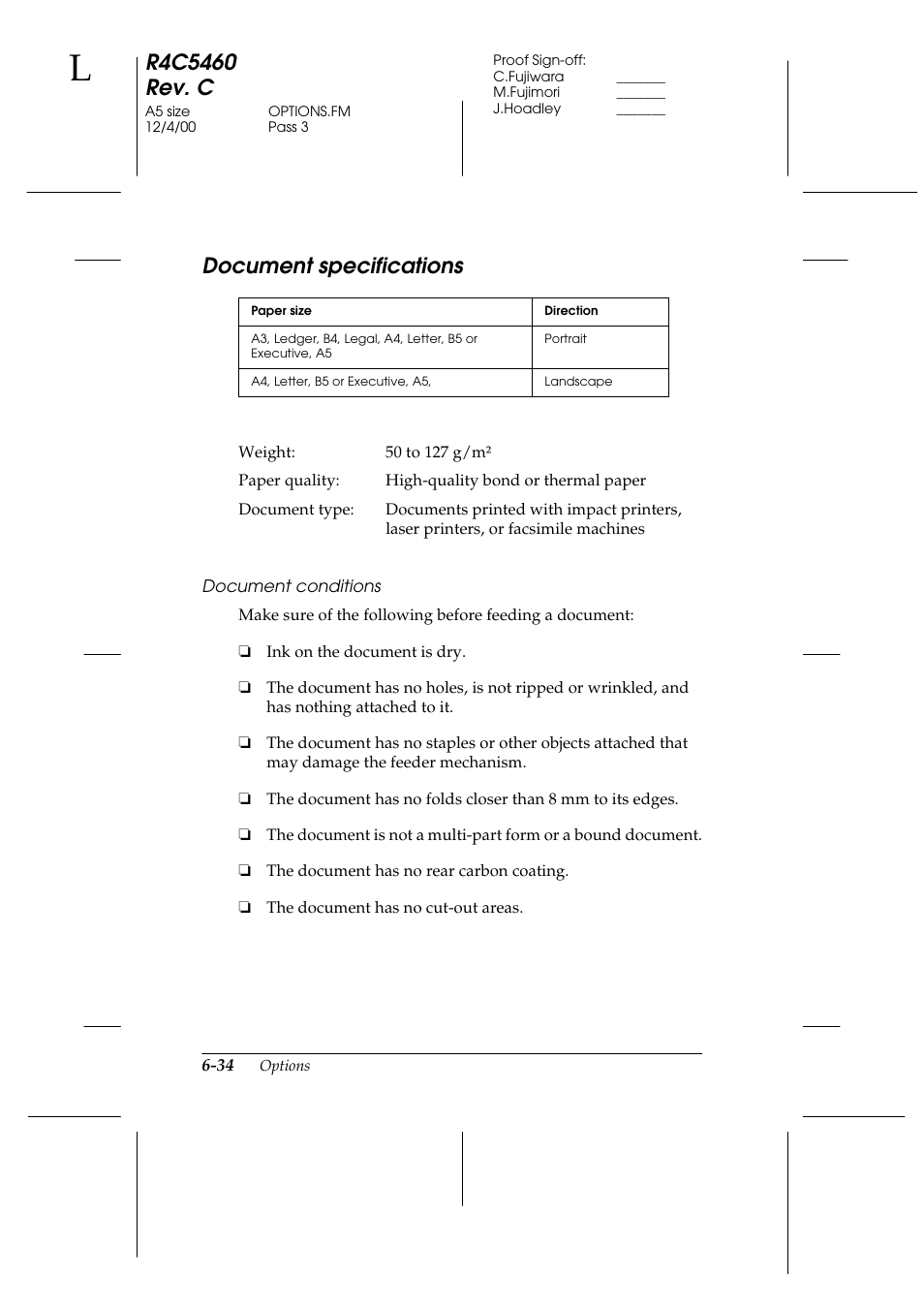 Document specifications, Document conditions, Document specifications -34 | Epson 1640XL User Manual | Page 150 / 167