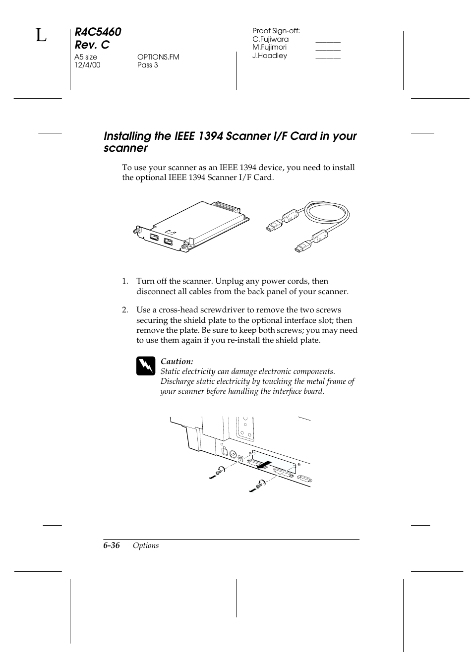 Installing the ieee 1394 scanner i/f card in, Your scanner -36 | Epson 1640XL User Manual | Page 152 / 167