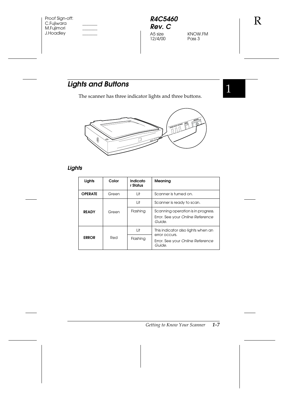 Lights and buttons, Lights, Lights and buttons -7 | Epson 1640XL User Manual | Page 19 / 167