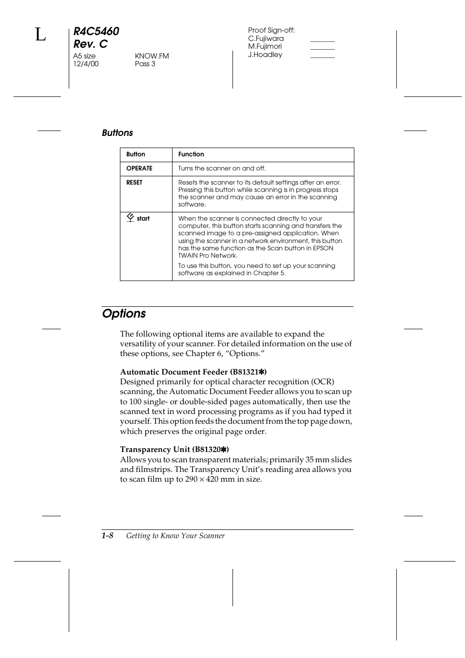 Buttons, Options, Options -8 | Epson 1640XL User Manual | Page 20 / 167