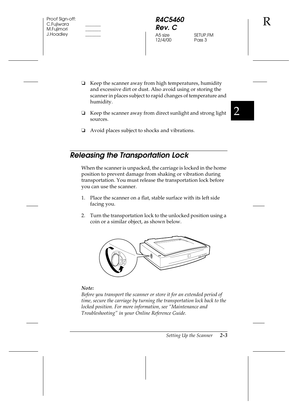 Releasing the transportation lock, Releasing the transportation lock -3 | Epson 1640XL User Manual | Page 25 / 167