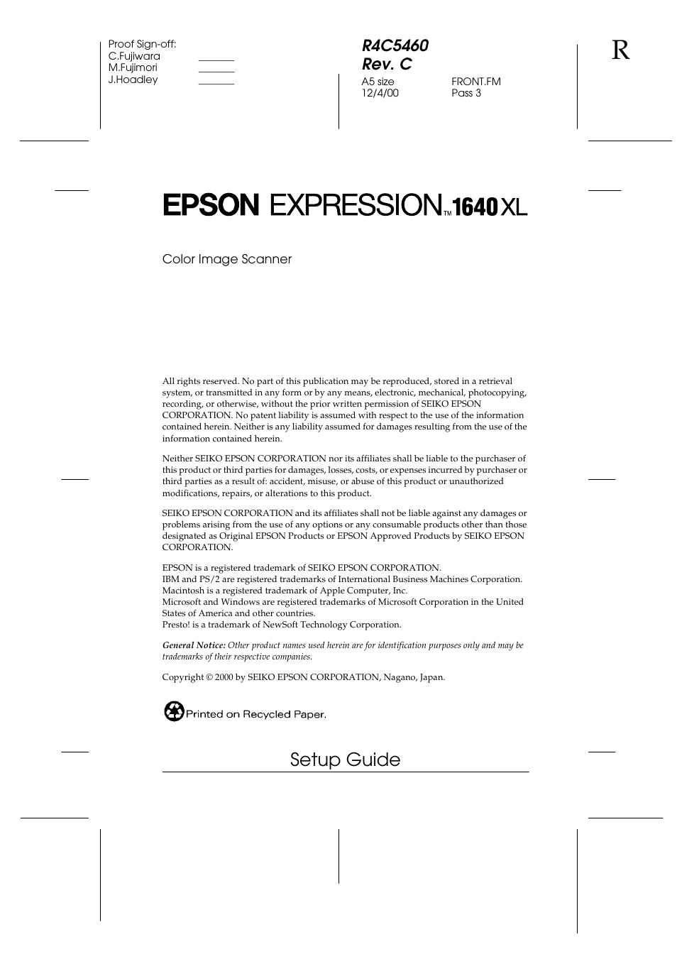 Color image scanner, Copyright, Setup guide | Epson 1640XL User Manual | Page 3 / 167