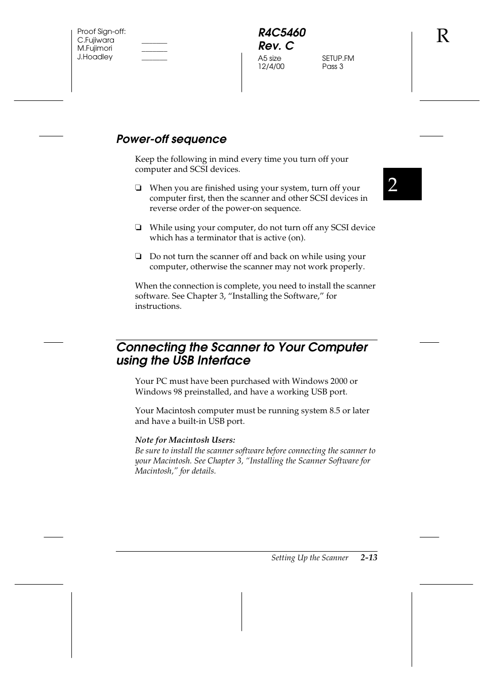 Power-off sequence, Power-off sequence -13, Connecting the scanner to your computer using | The usb interface -13 | Epson 1640XL User Manual | Page 35 / 167