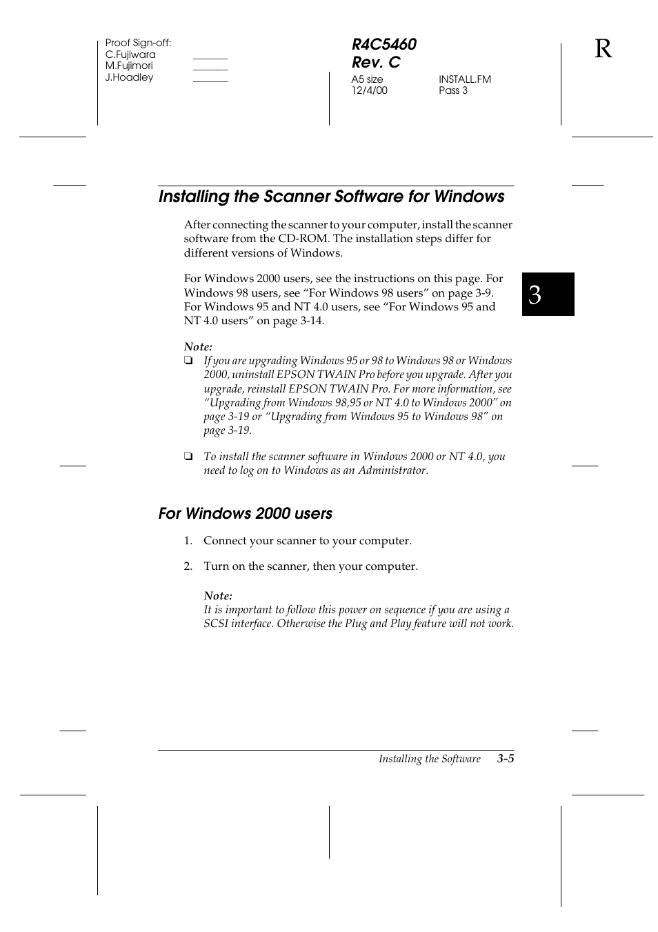 Installing the scanner software for windows, For windows 2000 users, Installing the scanner software for windows -5 | For windows 2000 users -5 | Epson 1640XL User Manual | Page 43 / 167