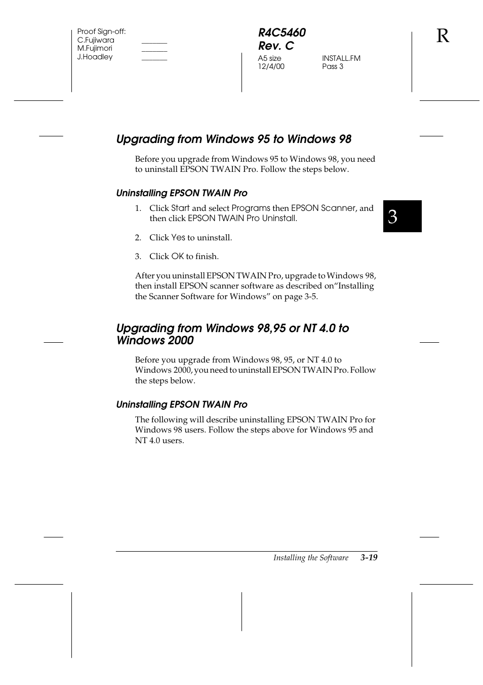 Upgrading from windows 95 to windows98, Uninstalling epson twain pro, Windows 2000 -19 | Upgrading from windows 95 to windows 98 | Epson 1640XL User Manual | Page 57 / 167