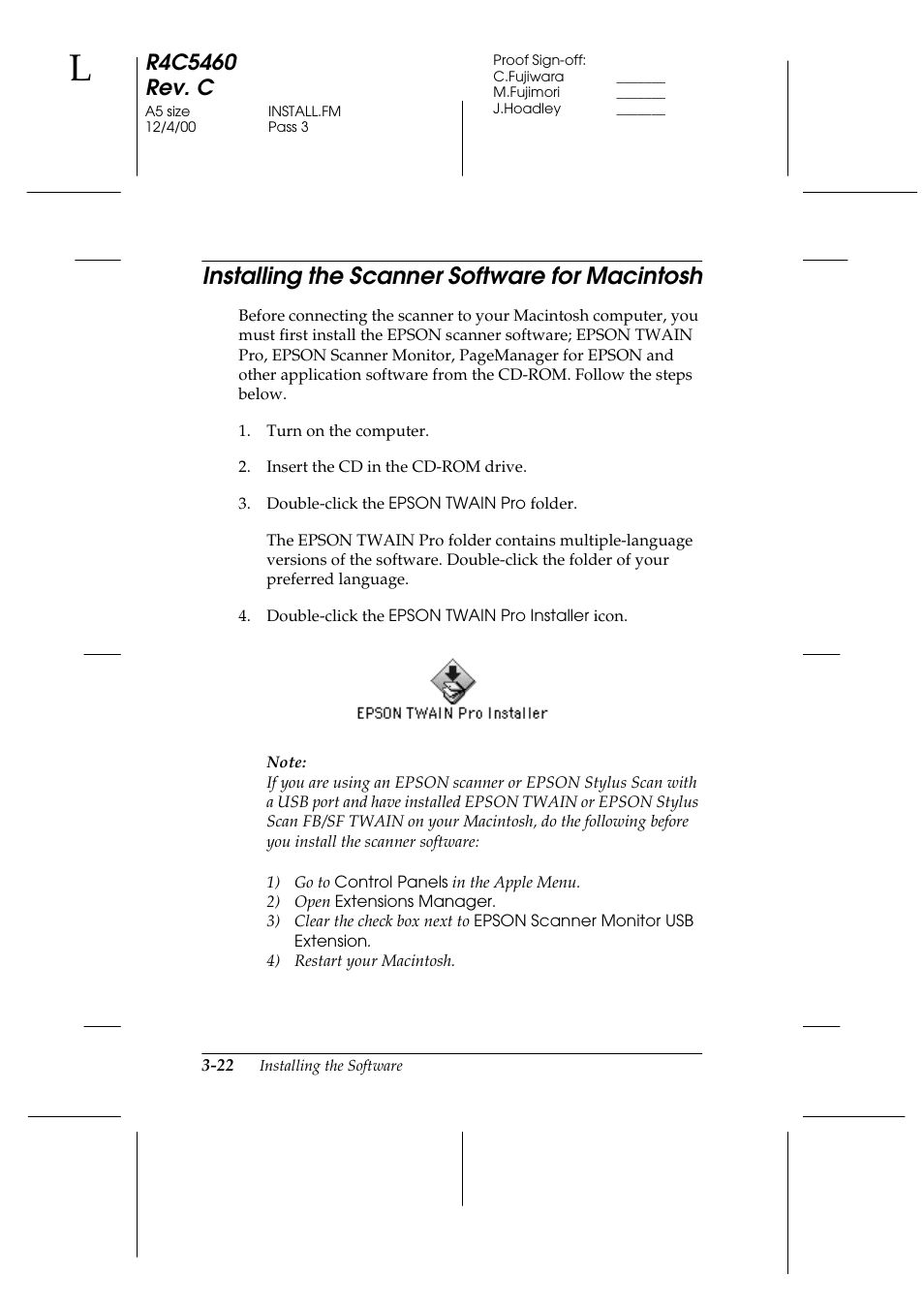 Installing the scanner software for macintosh, Installing the scanner software for macintosh -22 | Epson 1640XL User Manual | Page 60 / 167