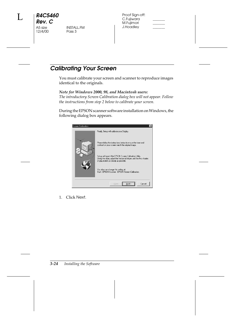 Calibrating your screen, Calibrating your screen -24 | Epson 1640XL User Manual | Page 62 / 167
