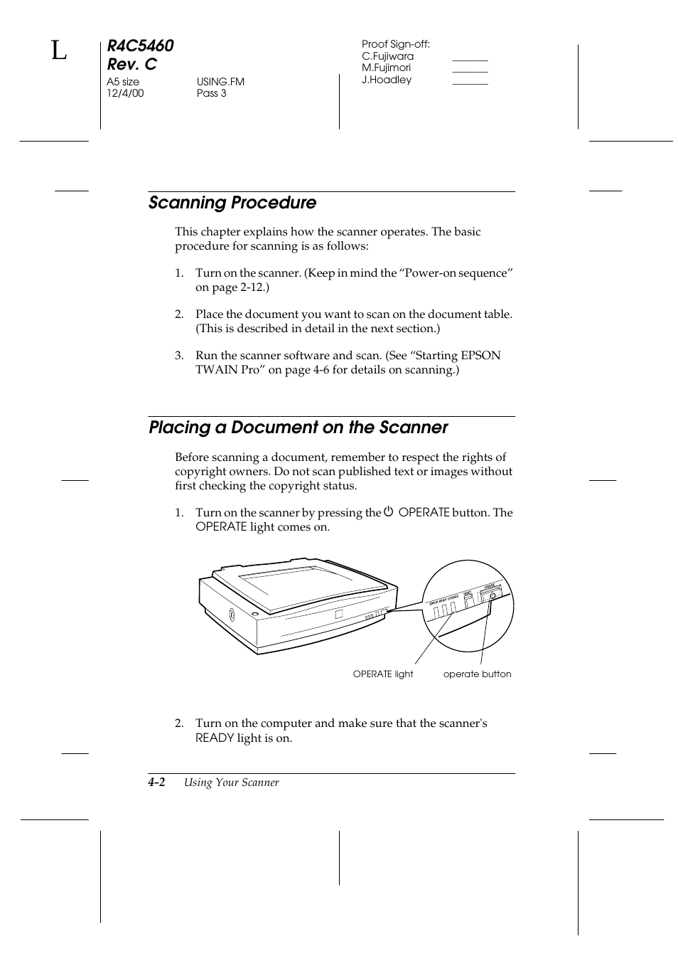 Scanning procedure, Placing a document on the scanner, Scanning procedure -2 | Placing a document on the scanner -2 | Epson 1640XL User Manual | Page 68 / 167