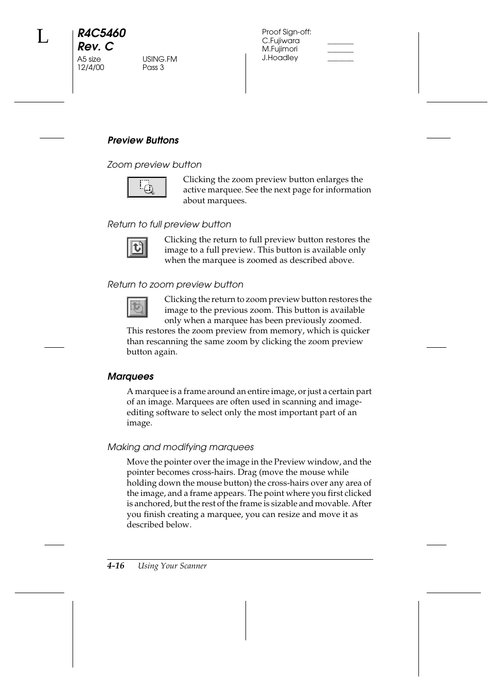 Preview buttons, Zoom preview button, Return to full preview button | Return to zoom preview button, Marquees, Making and modifying marquees | Epson 1640XL User Manual | Page 82 / 167