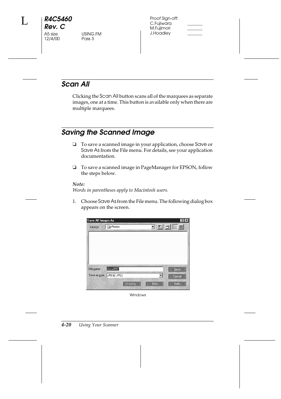 Scan all, Saving the scanned image, Scan all -20 saving the scanned image -20 | Scan all -20, Saving the scanned image -20 | Epson 1640XL User Manual | Page 86 / 167