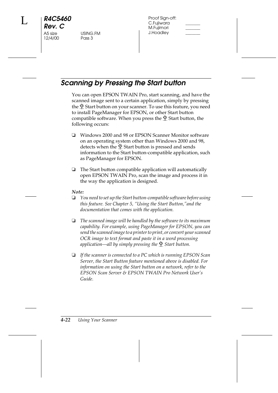 Scanning by pressing the start button, Scanning by pressing the start button -22 | Epson 1640XL User Manual | Page 88 / 167