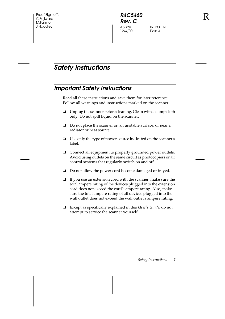 Safety instructions, Important safety instructions | Epson 1640XL User Manual | Page 9 / 167