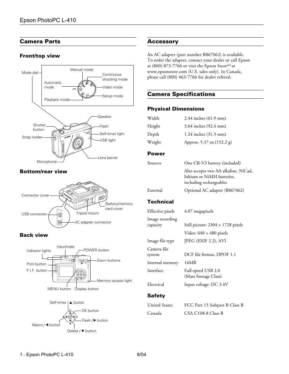 Epson PhotoPC L-410 User Manual | 7 pages