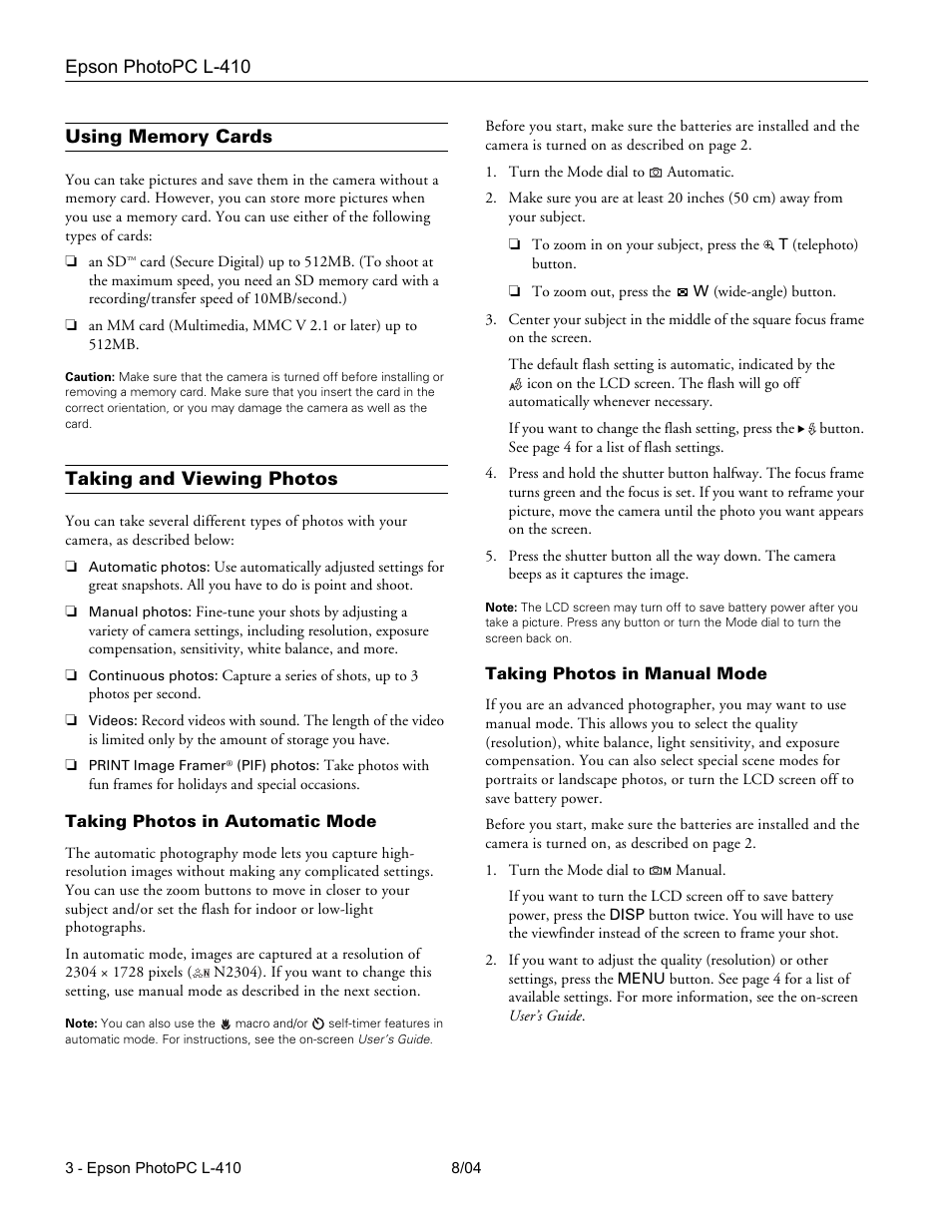 Using memory cards, Taking and viewing photos, Taking photos in automatic mode | Taking photos in manual mode, Epson photopc l-410 | Epson PhotoPC L-410 User Manual | Page 3 / 7