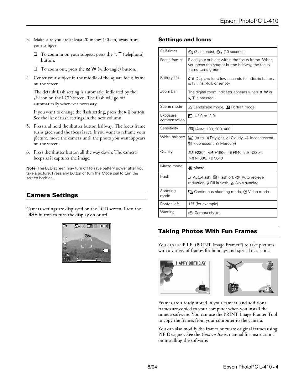 Camera settings, Settings and icons, Taking photos with fun frames | Epson photopc l-410 | Epson PhotoPC L-410 User Manual | Page 4 / 7