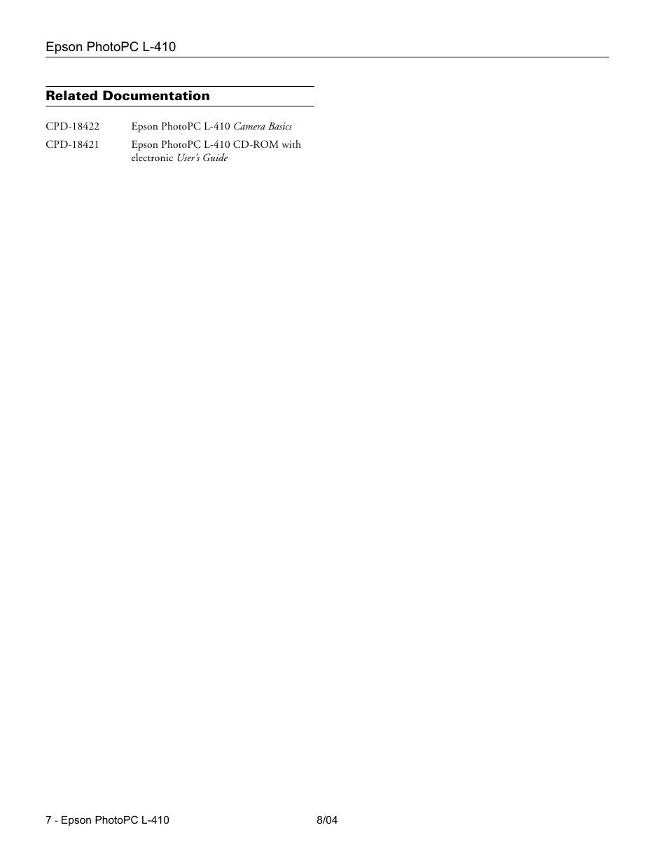 Related documentation | Epson PhotoPC L-410 User Manual | Page 7 / 7