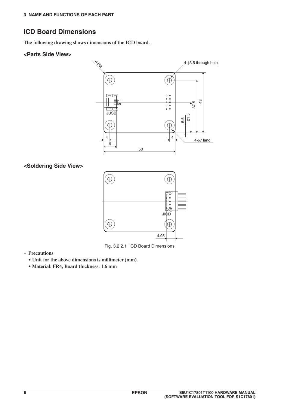 Icd board dimensions, Parts side view, Soldering side view | Epson S5U1C17801T1100 User Manual | Page 14 / 60