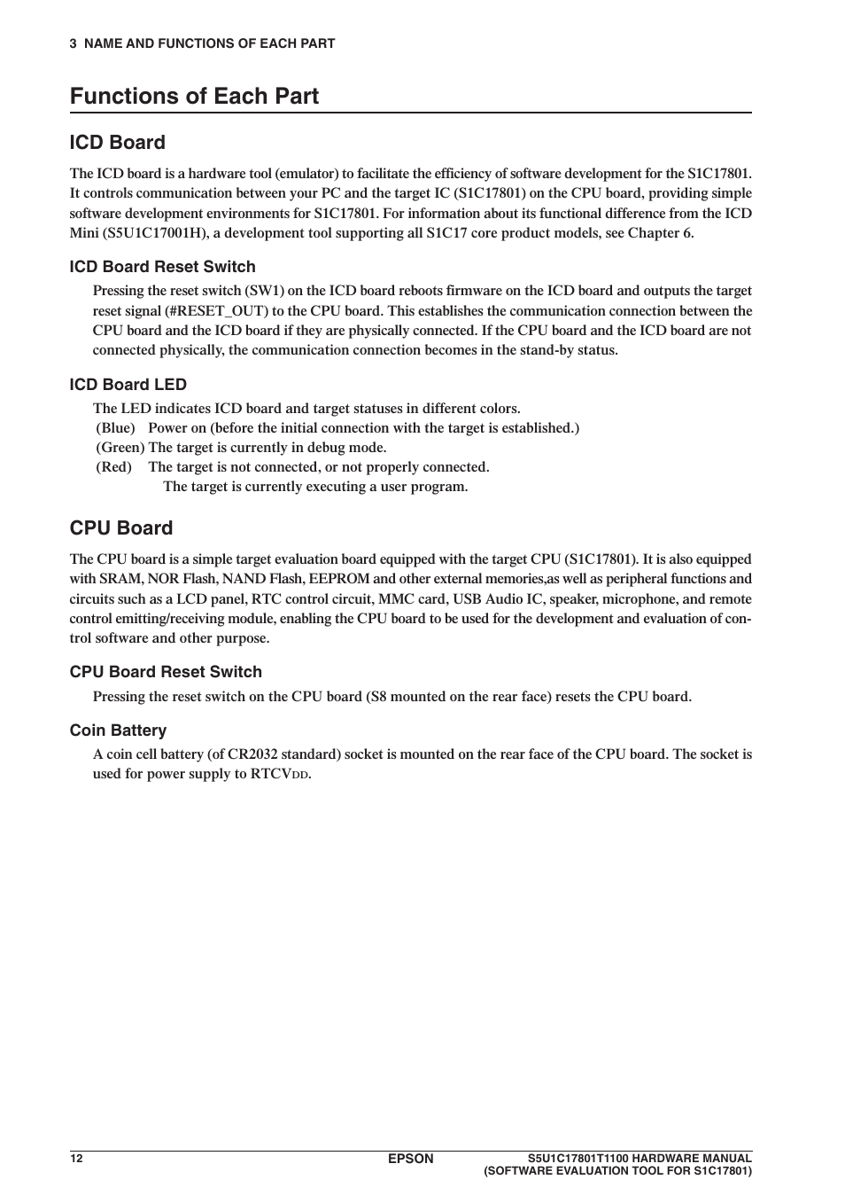 Functions of each part, Icd board, Cpu board | Epson S5U1C17801T1100 User Manual | Page 18 / 60