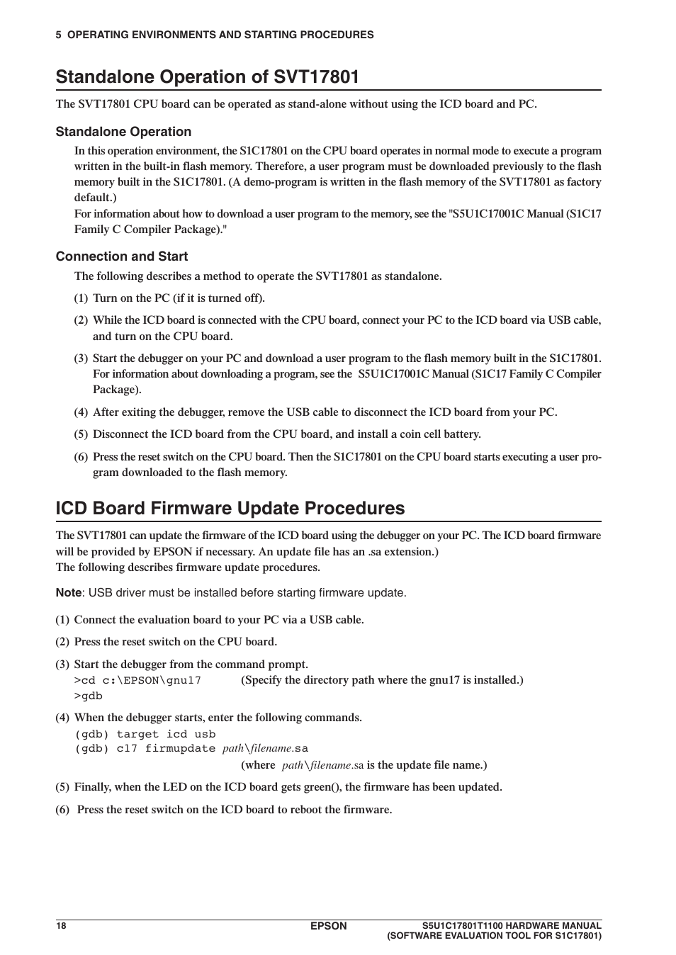 Icd board firmware update procedures | Epson S5U1C17801T1100 User Manual | Page 24 / 60