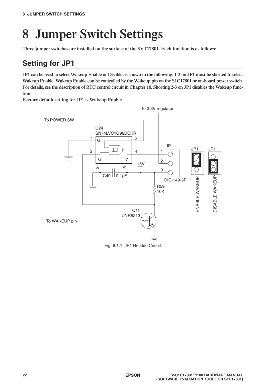 8 jumper switch settings, Setting for jp1 | Epson S5U1C17801T1100 User Manual | Page 28 / 60