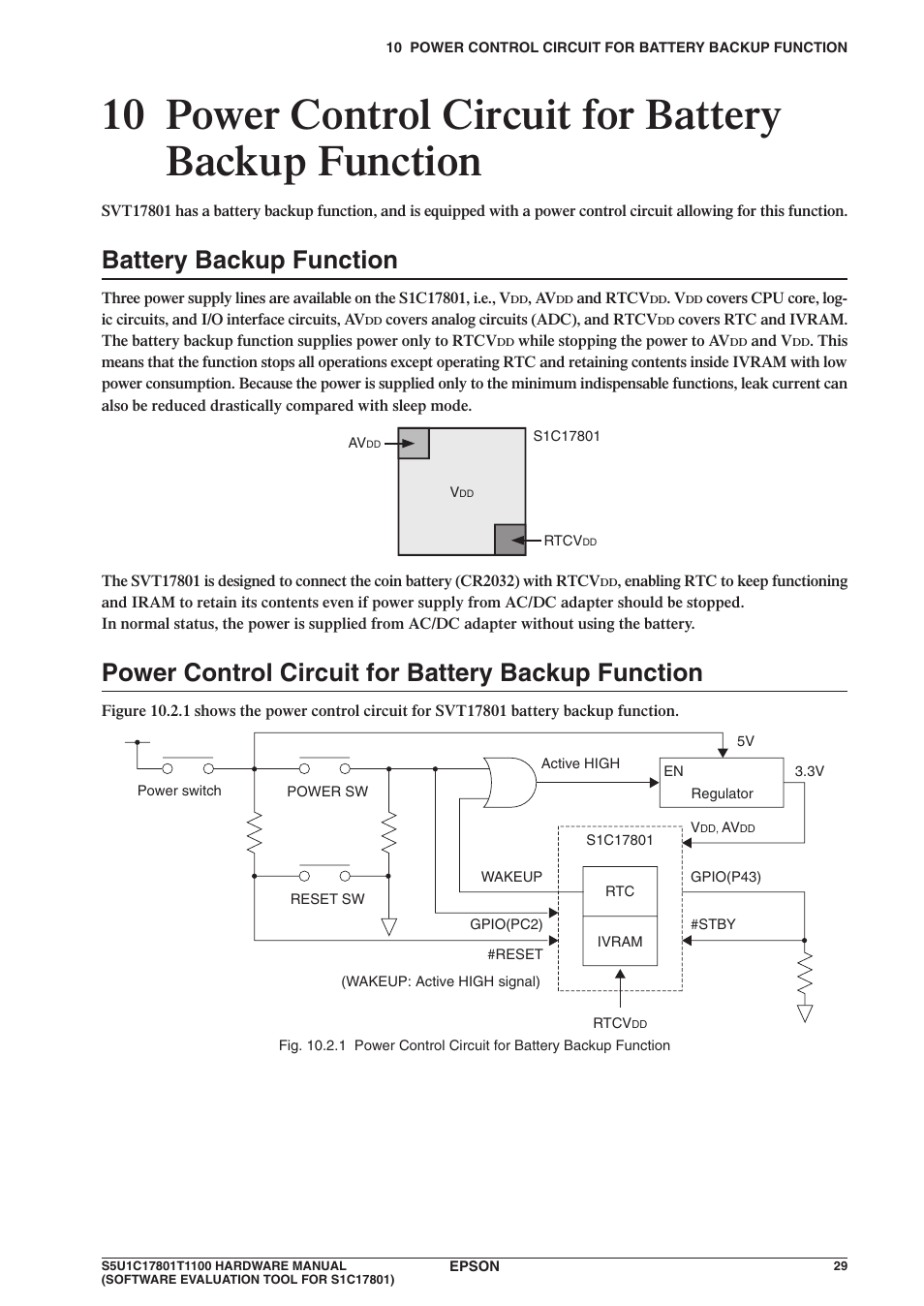 Battery backup function, Power control circuit for battery backup function | Epson S5U1C17801T1100 User Manual | Page 35 / 60