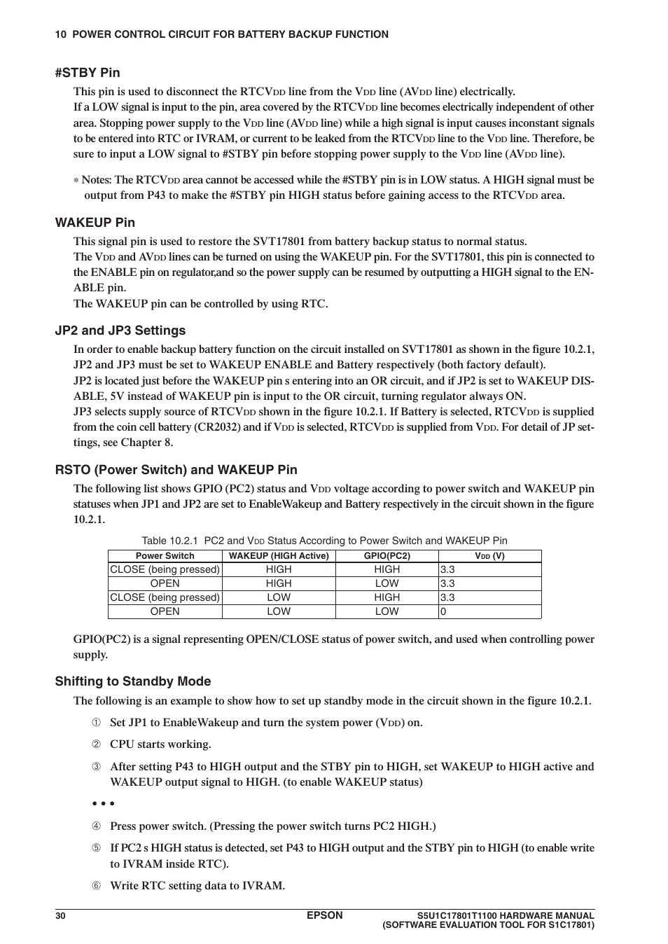 Stby pin, Wakeup pin, Jp2 and jp3 settings | Rsto (power switch) and wakeup pin, Shifting to standby mode | Epson S5U1C17801T1100 User Manual | Page 36 / 60