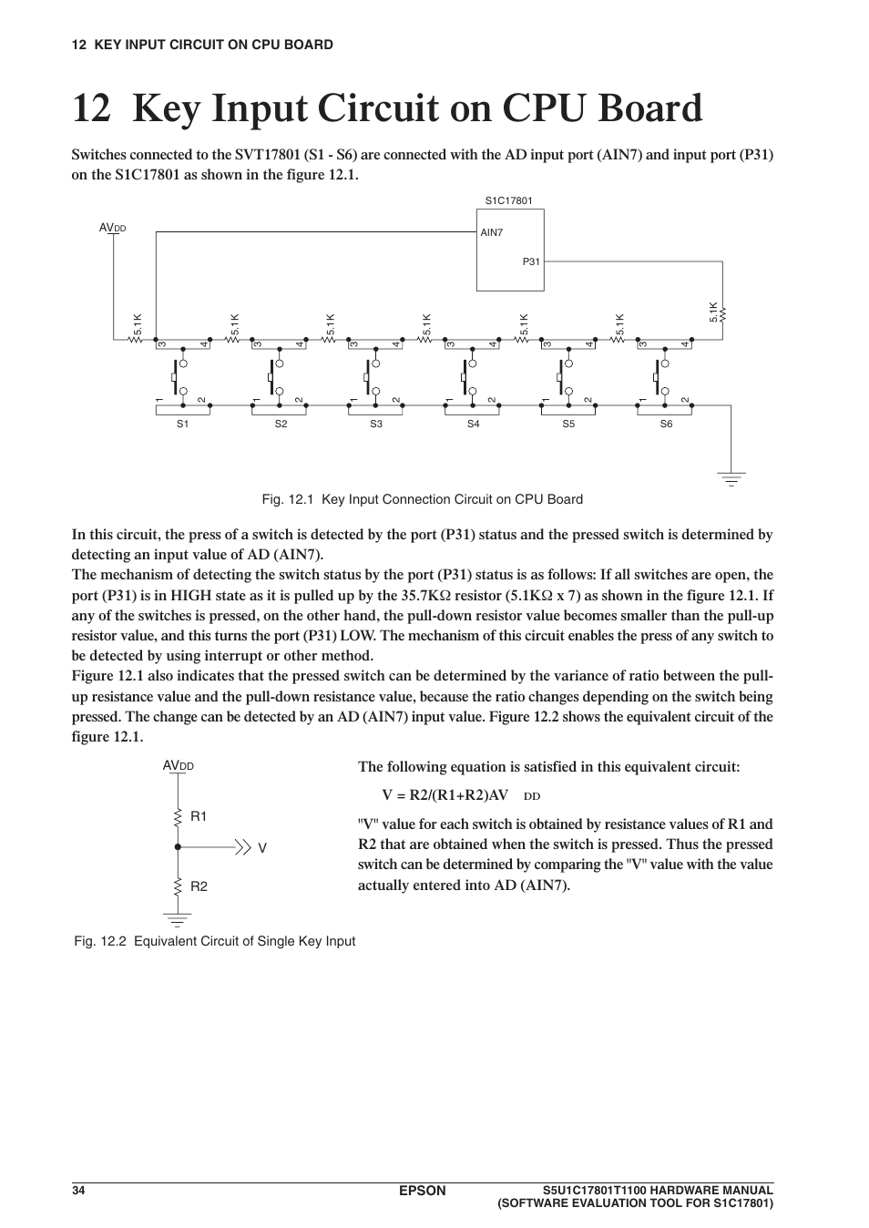 12 key input circuit on cpu board | Epson S5U1C17801T1100 User Manual | Page 40 / 60