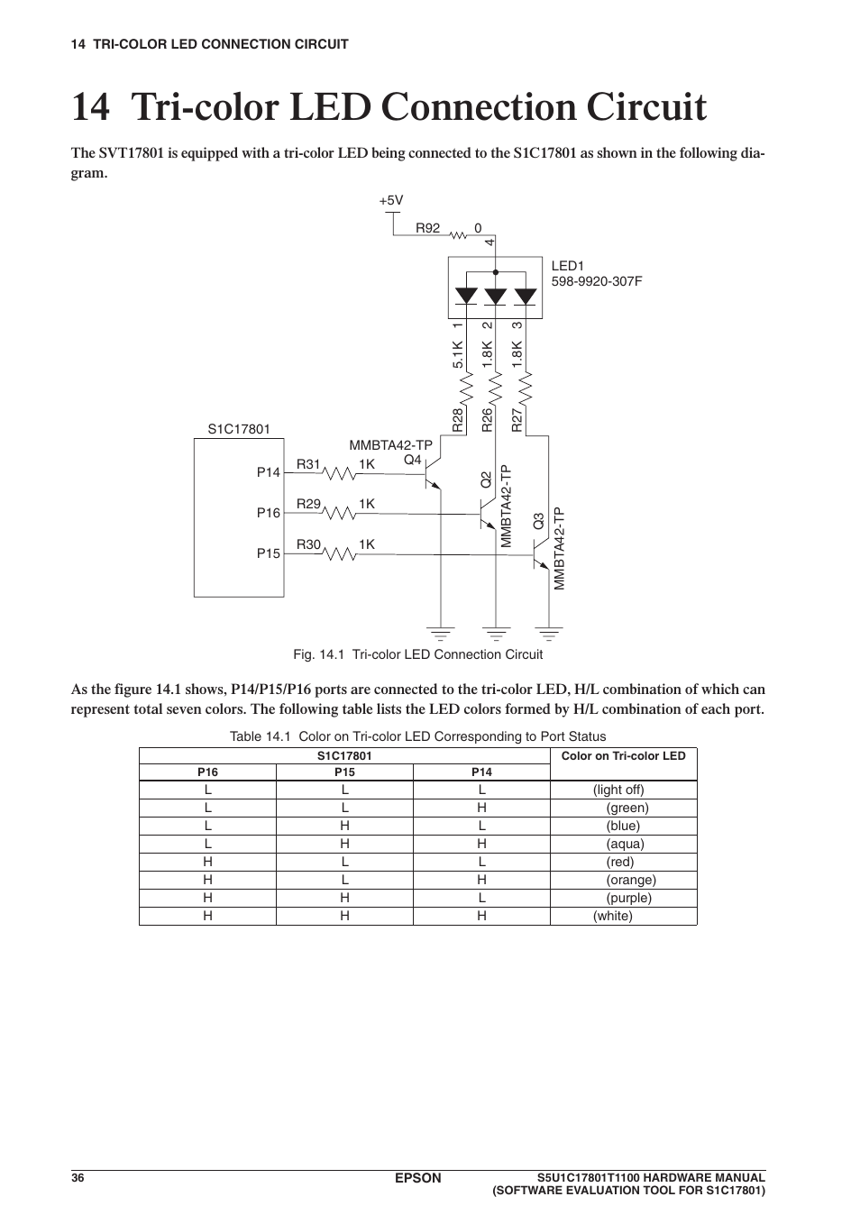 14 tri-color led connection circuit | Epson S5U1C17801T1100 User Manual | Page 42 / 60