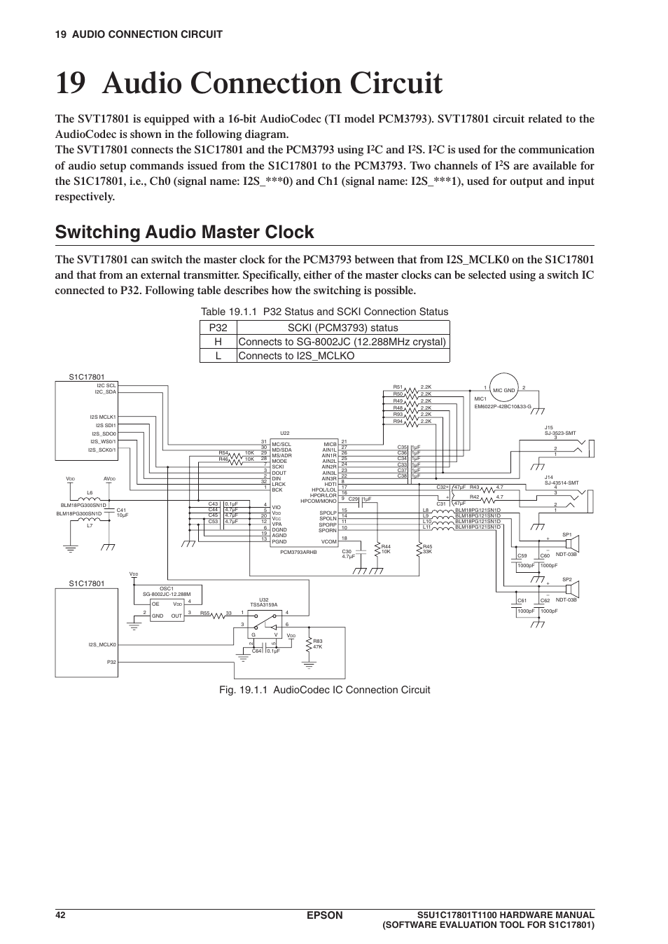 19 audio connection circuit, Switching audio master clock, C and i | S. i, Epson, Fig. 19.1.1 audiocodec ic connection circuit | Epson S5U1C17801T1100 User Manual | Page 48 / 60