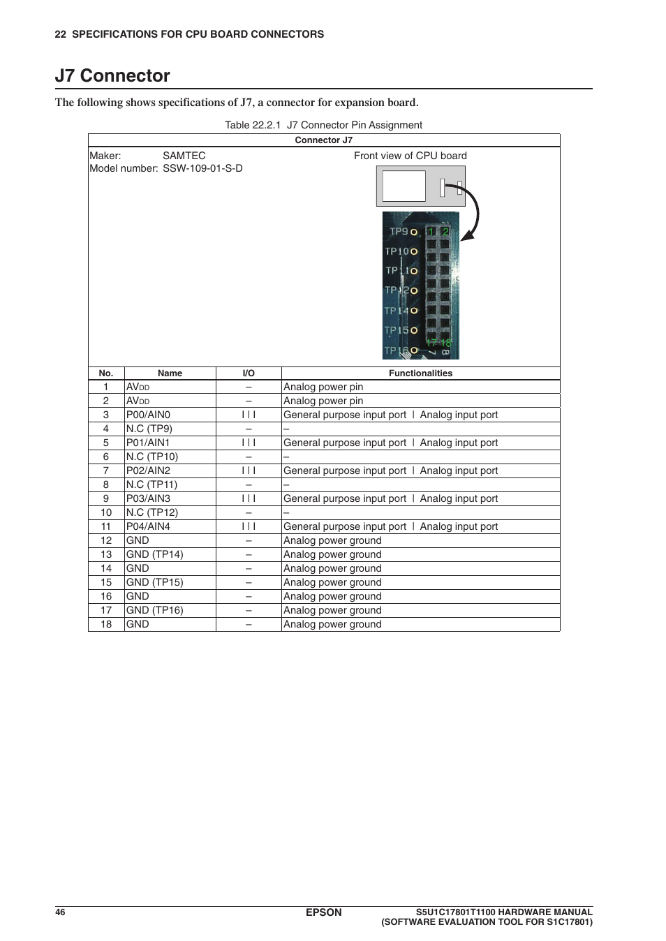 J7 connector | Epson S5U1C17801T1100 User Manual | Page 52 / 60