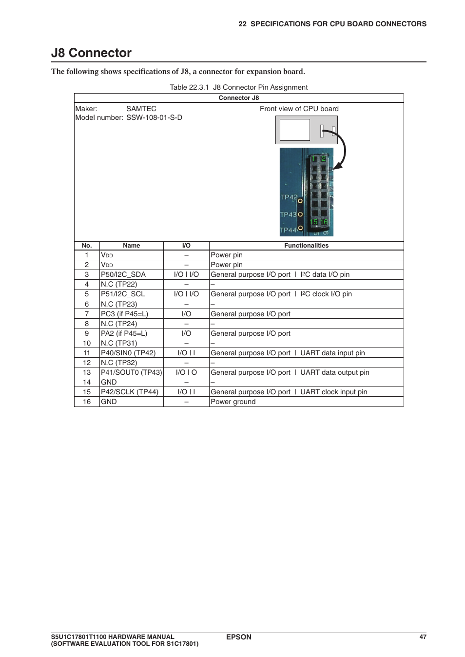 J8 connector | Epson S5U1C17801T1100 User Manual | Page 53 / 60