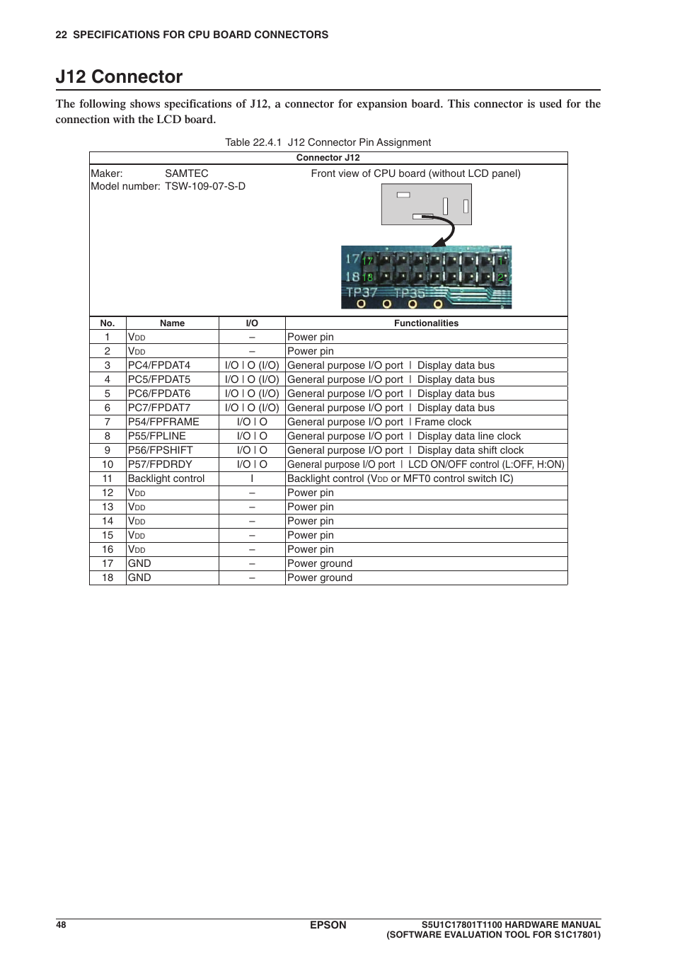 J12 connector | Epson S5U1C17801T1100 User Manual | Page 54 / 60