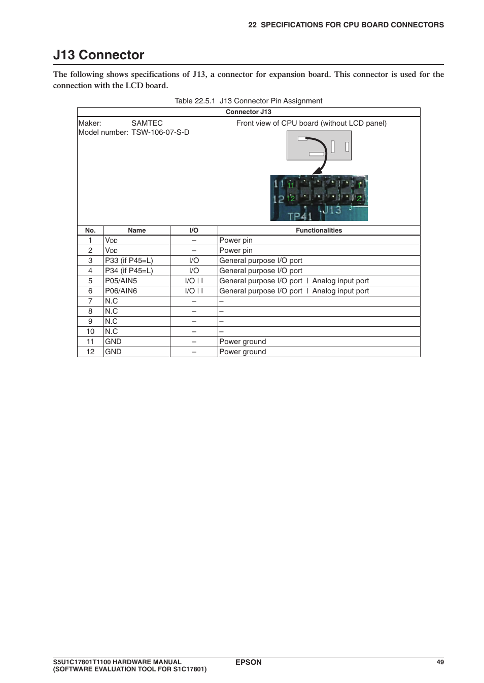 J13 connector | Epson S5U1C17801T1100 User Manual | Page 55 / 60