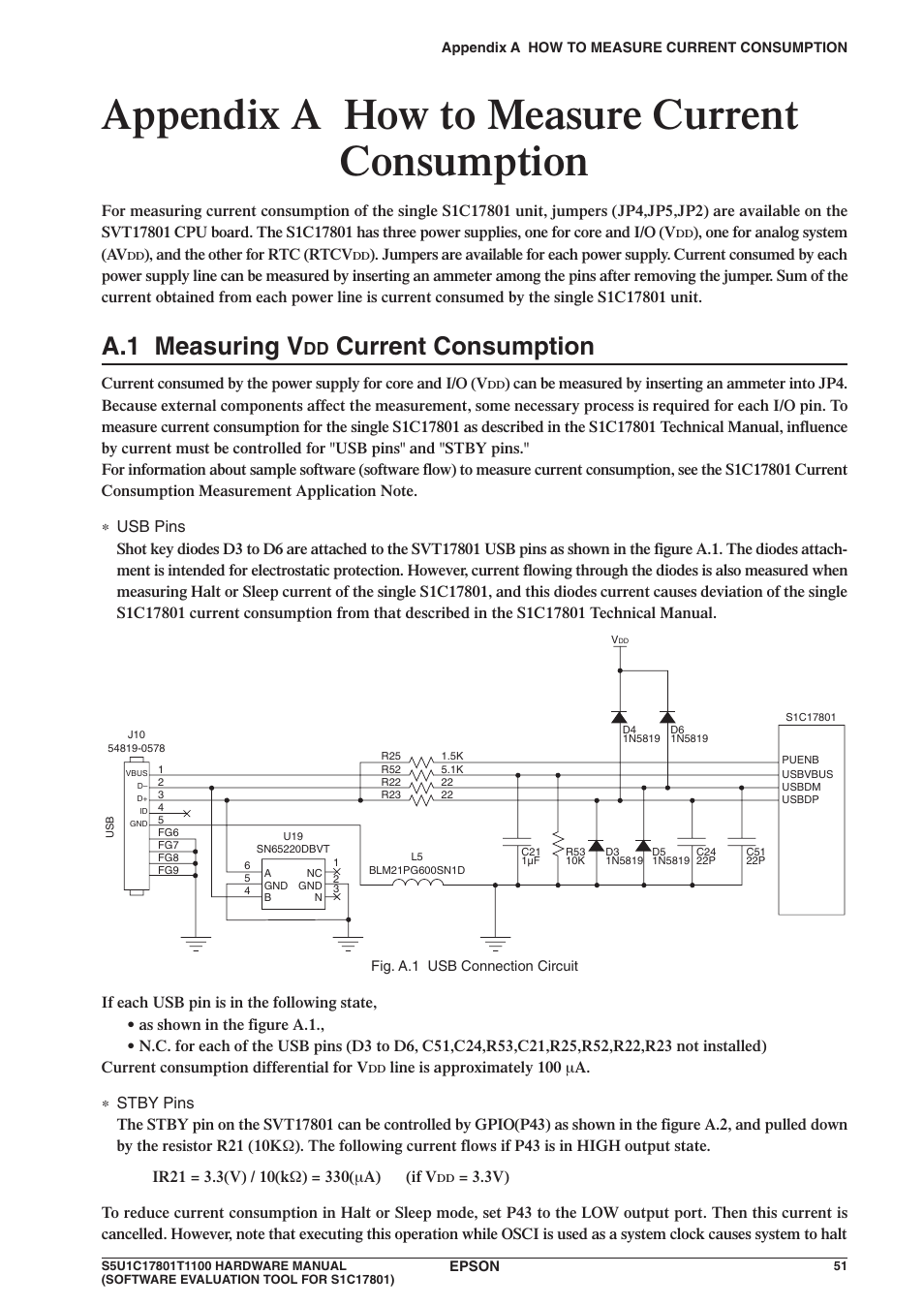 Appendix a how to measure current consumption, A.1 measuring v, Current consumption | Epson S5U1C17801T1100 User Manual | Page 57 / 60