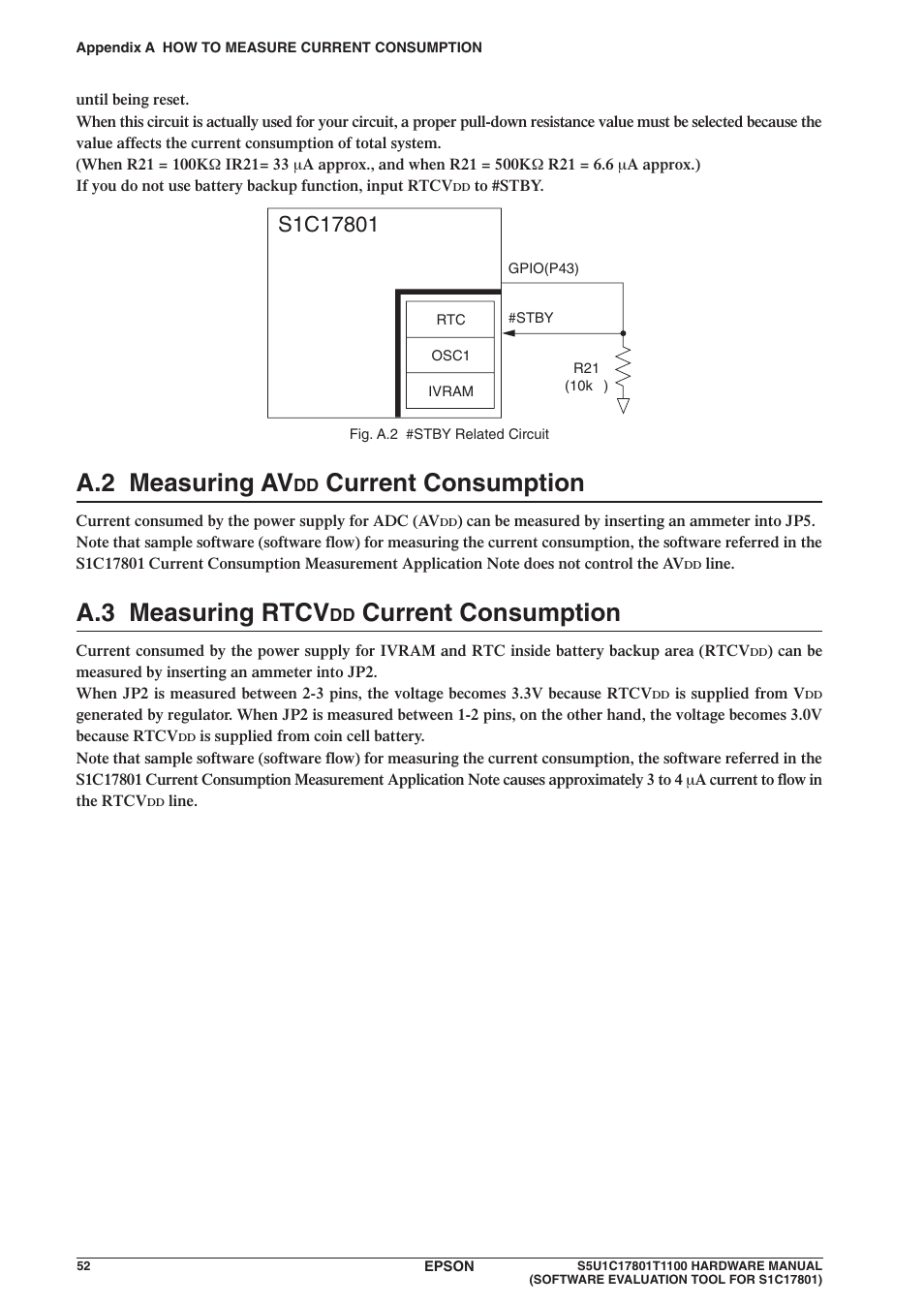 A.2 measuring av, Current consumption, A.3 measuring rtcv | Epson S5U1C17801T1100 User Manual | Page 58 / 60