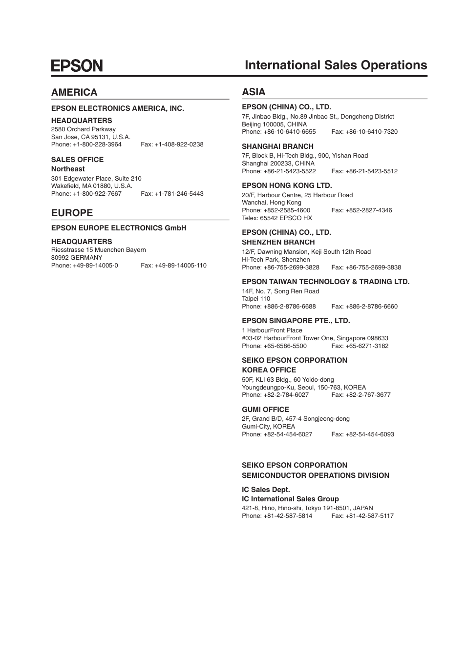 International sales operations, America, Europe | Asia | Epson S5U1C17801T1100 User Manual | Page 59 / 60