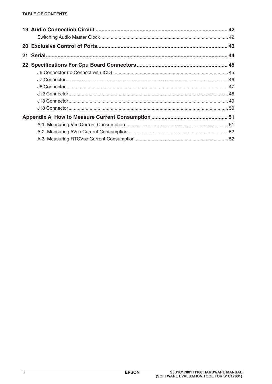 19 audio connection circuit, Appendix a how to measure current consumption | Epson S5U1C17801T1100 User Manual | Page 6 / 60