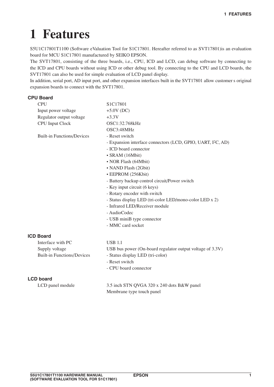 1 features | Epson S5U1C17801T1100 User Manual | Page 7 / 60