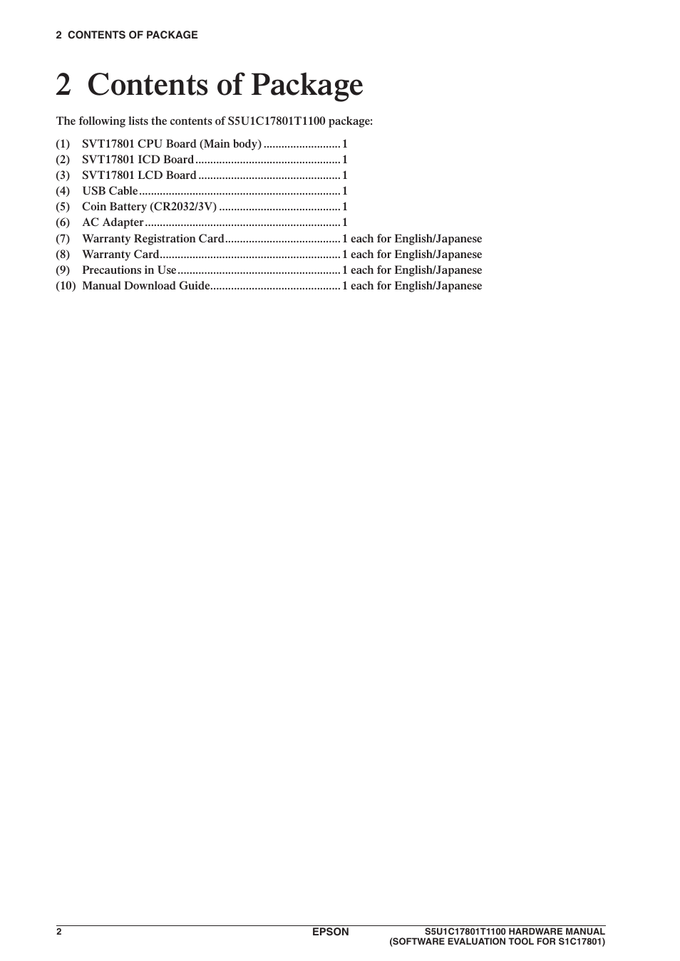 2 contents of package | Epson S5U1C17801T1100 User Manual | Page 8 / 60