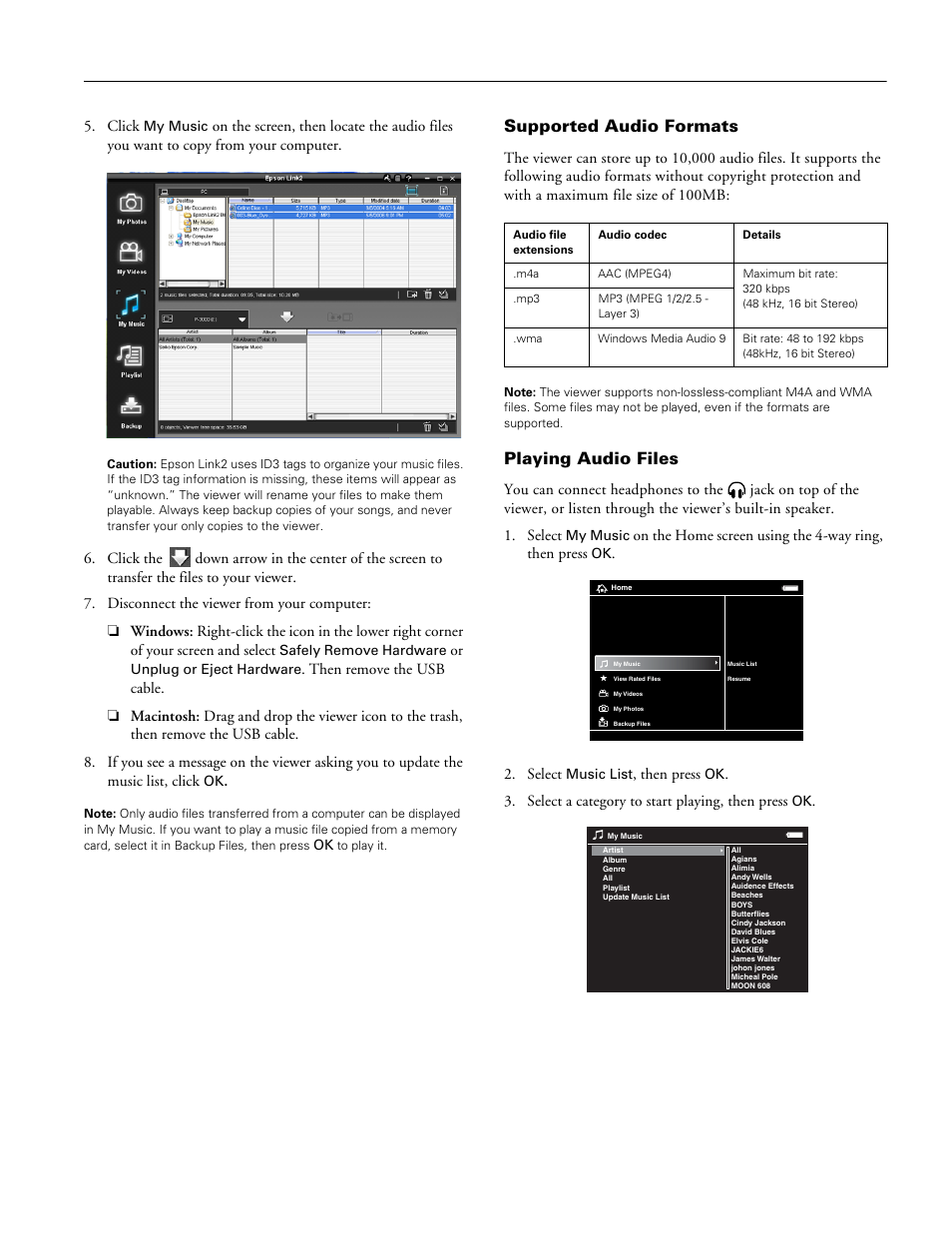 Supported audio formats, Playing audio files | Epson P3000-P5000 User Manual | Page 11 / 14