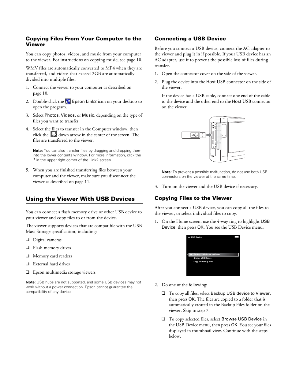 Copying files from your computer to the viewer, Using the viewer with usb devices, Connecting a usb device | Copying files to the viewer | Epson P3000-P5000 User Manual | Page 13 / 14