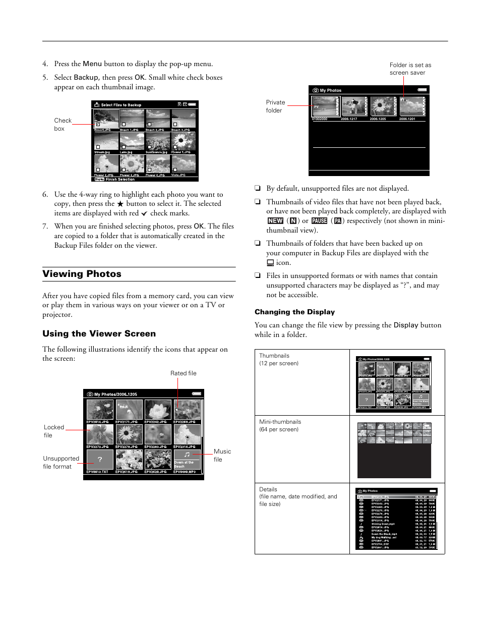 Viewing photos, Using the viewer screen | Epson P3000-P5000 User Manual | Page 7 / 14