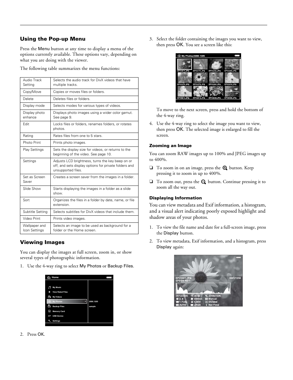 Using the pop-up menu, Viewing images | Epson P3000-P5000 User Manual | Page 8 / 14