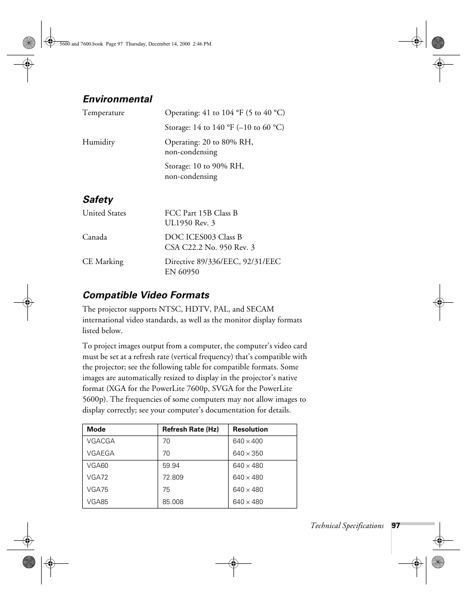 Environmental, Safety, Compatible video formats | Environmental safety compatible video formats | Epson 5600p User Manual | Page 103 / 114