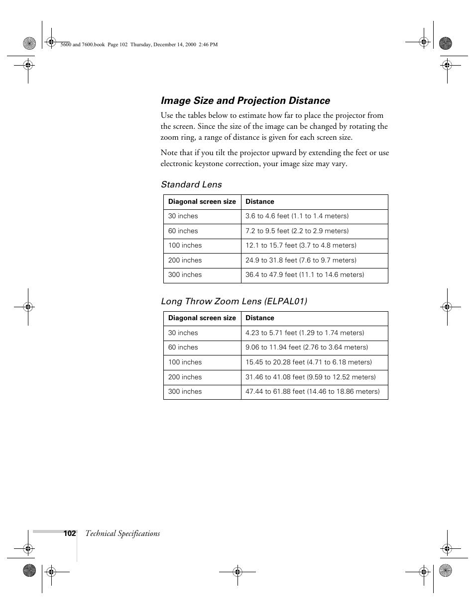 Image size and projection distance | Epson 5600p User Manual | Page 108 / 114