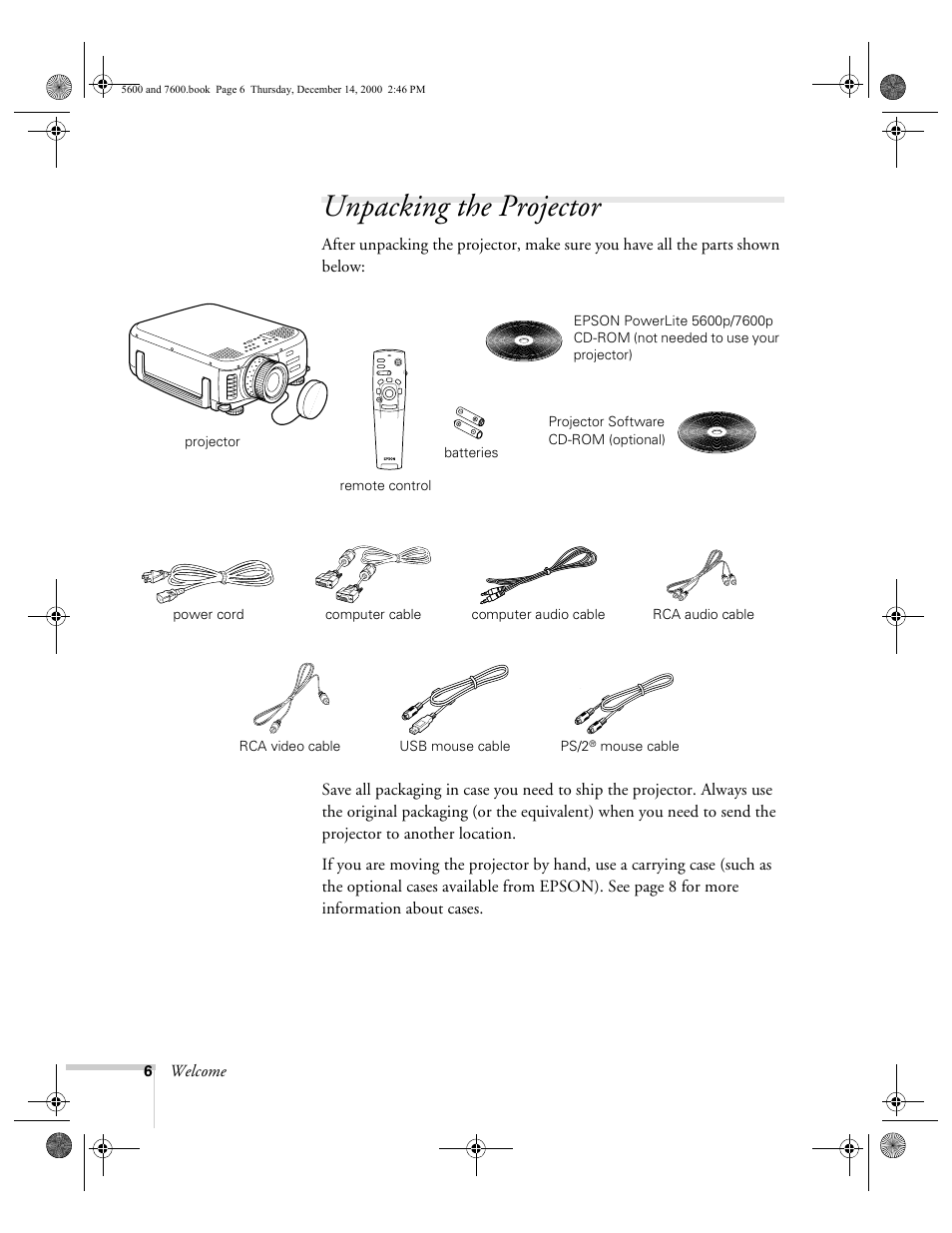 Unpacking the projector, Welcome | Epson 5600p User Manual | Page 12 / 114